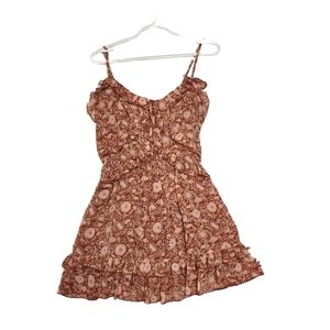 Womens Forever 22 Coral Fall Ruffle Dress Size Small with Floral and Leaf Design